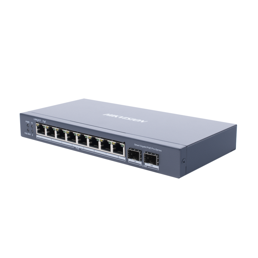 Switch Gigabit PoE+ / Administrable / 8 puertos 10/100/1000 Mbps PoE+ / 2 puertos SFP / configuración remota desde Hik-ProConnect / PoE hasta 250 metros / 110 W