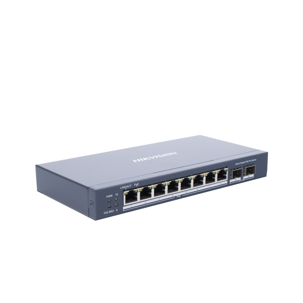 Switch Gigabit PoE+ / Administrable / 8 puertos 10/100/1000 Mbps PoE+ / 2 puertos SFP / configuración remota desde Hik-ProConnect / PoE hasta 250 metros / 110 W