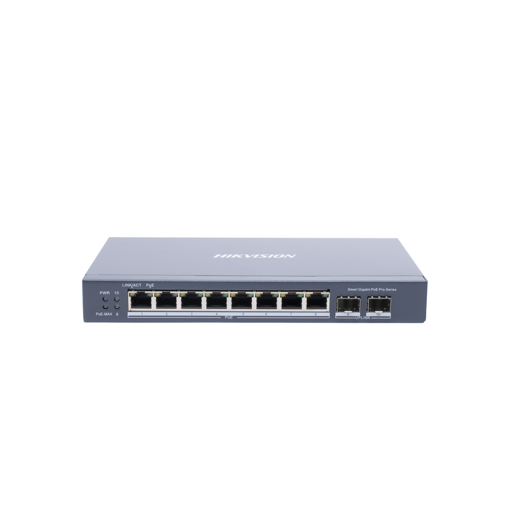 Switch Gigabit PoE+ / Administrable / 8 puertos 10/100/1000 Mbps PoE+ / 2 puertos SFP / configuración remota desde Hik-ProConnect / PoE hasta 250 metros / 110 W