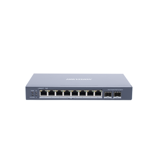 Switch Gigabit PoE+ / Administrable / 8 puertos 10/100/1000 Mbps PoE+ / 2 puertos SFP / configuración remota desde Hik-ProConnect / PoE hasta 250 metros / 110 W