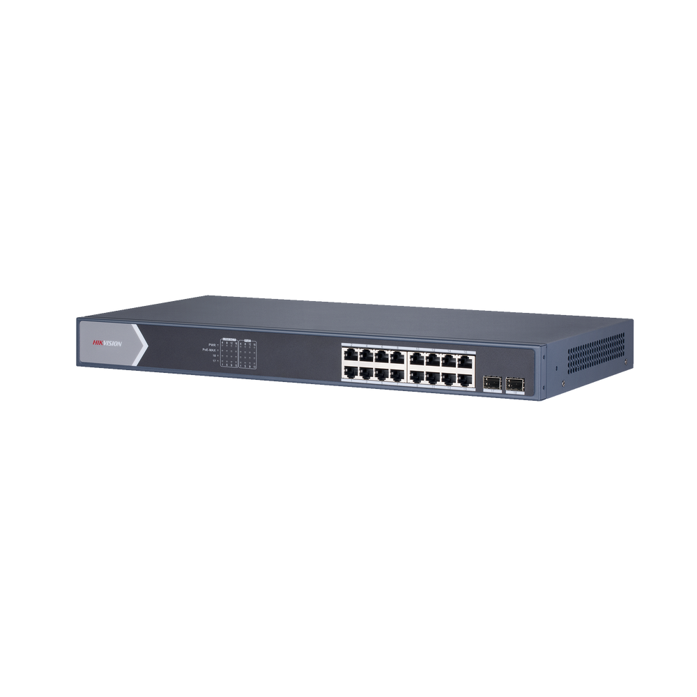 Switch Gigabit PoE+ / Administrable / 16 puertos 10/100/1000 Mbps PoE+ / 2 puertos SFP / configuración remota desde Hik-ProConnect / PoE hasta 250 metros / 225 W