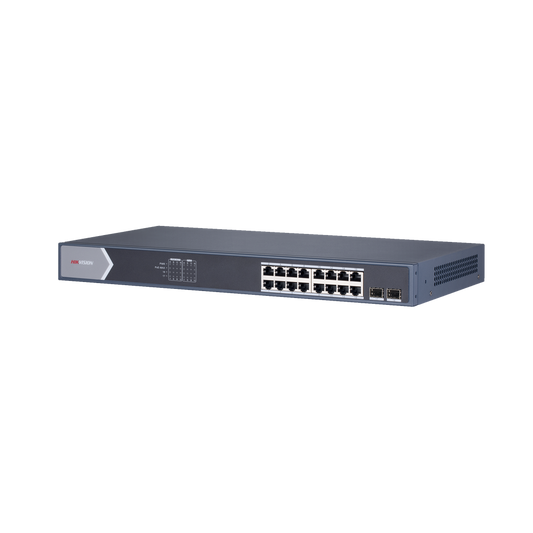 Switch Gigabit PoE+ / Administrable / 16 puertos 10/100/1000 Mbps PoE+ / 2 puertos SFP / configuración remota desde Hik-ProConnect / PoE hasta 250 metros / 225 W