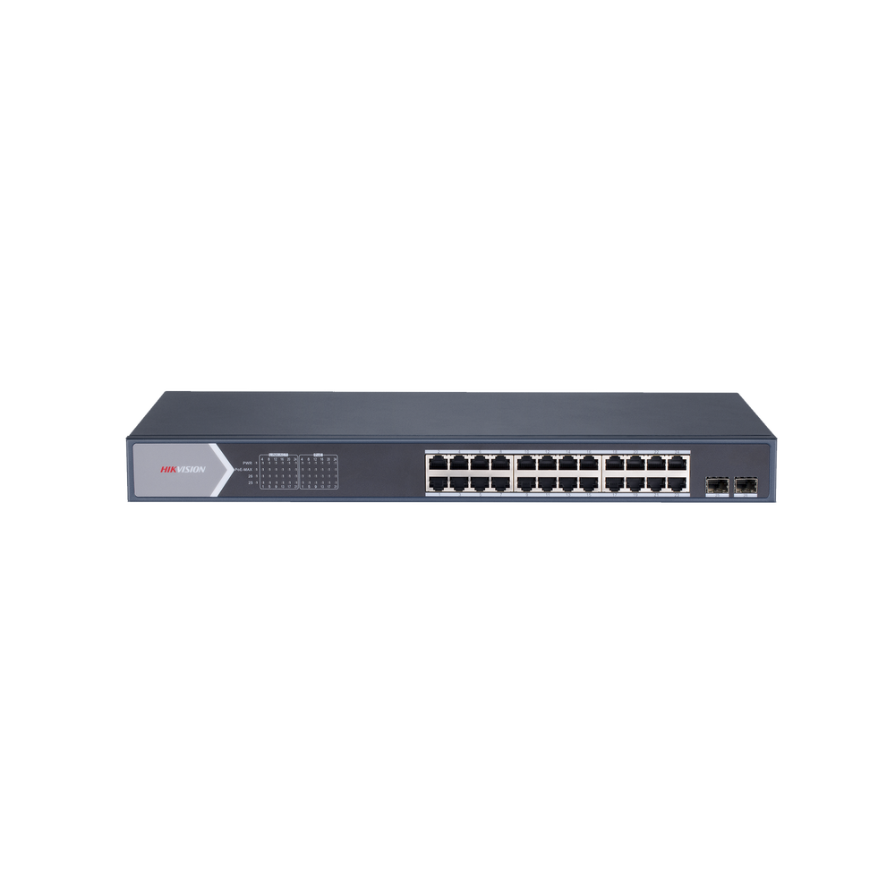 Switch Gigabit PoE+ / Administrable / 24 puertos 10/100/1000 Mbps PoE+ / 2 puertos SFP / configuración remota desde Hik-ProConnect / PoE hasta 250 metros / 370 W