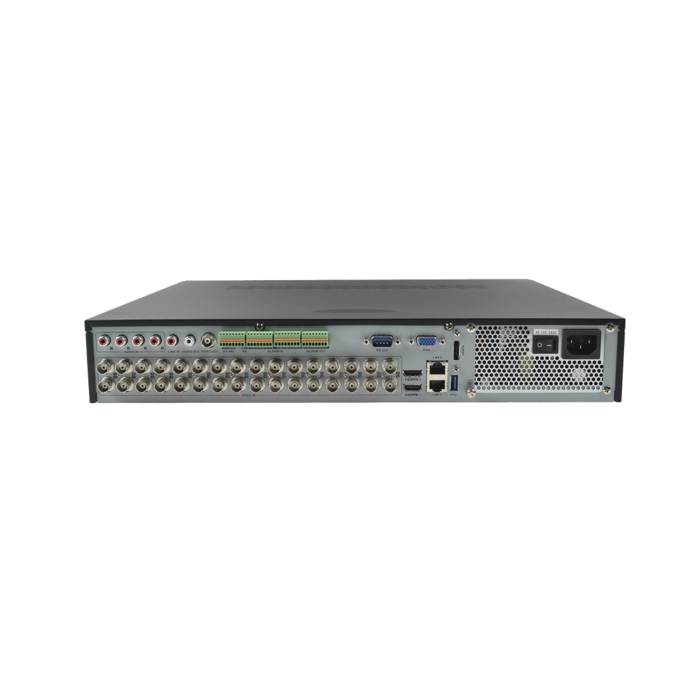 DVR 8 Megapixel / 32 Canales TURBOHD + 16 Canales IP / 4 Bahias de Disco Duro / 4 Canales de Audio / Videoanalisis / 16 Entradas de Alarma / Arreglo RAID
