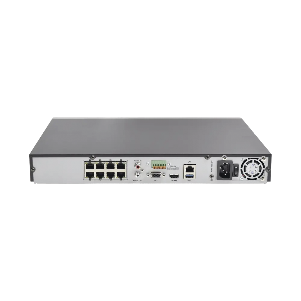 NVR 8 Megapixel (4K) / 8 canales IP / 8 Puertos PoE+ / 2 Bahías de Disco Duro / HDMI en 4K / Switch PoE 300 mts / Auteguimiento 2.0