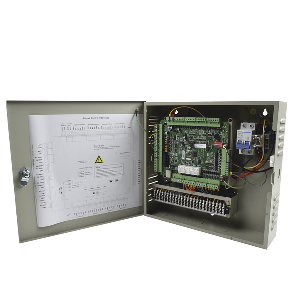 Access Controller / 4 Doors / 8 Fingerprint and Card Readers / Video Integration / 100,000 Cards / Includes Cabinet and 12VDC/1A Power Supply / Supports Backup Battery