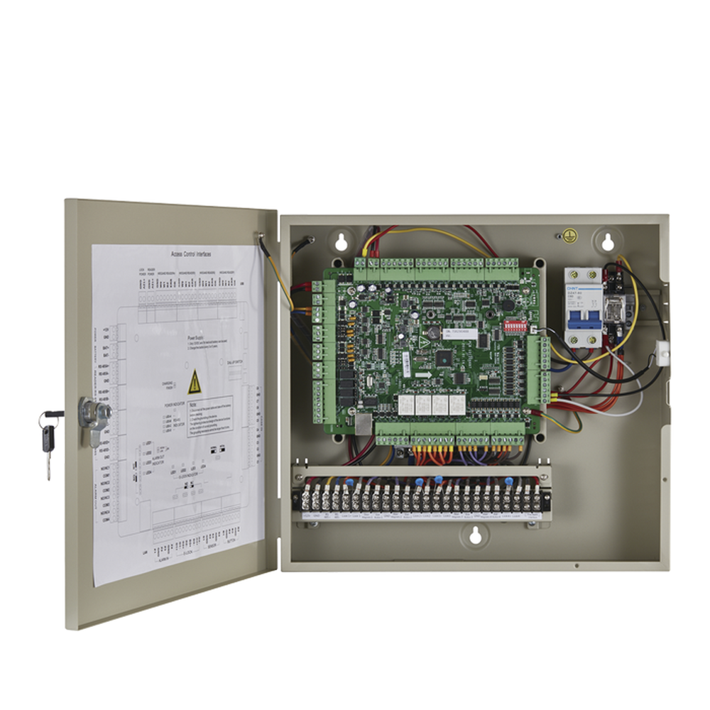 Access Controller / 4 Doors / 8 Fingerprint and Card Readers / Video Integration / 100,000 Cards / Includes Cabinet and 12VDC/1A Power Supply / Supports Backup Battery