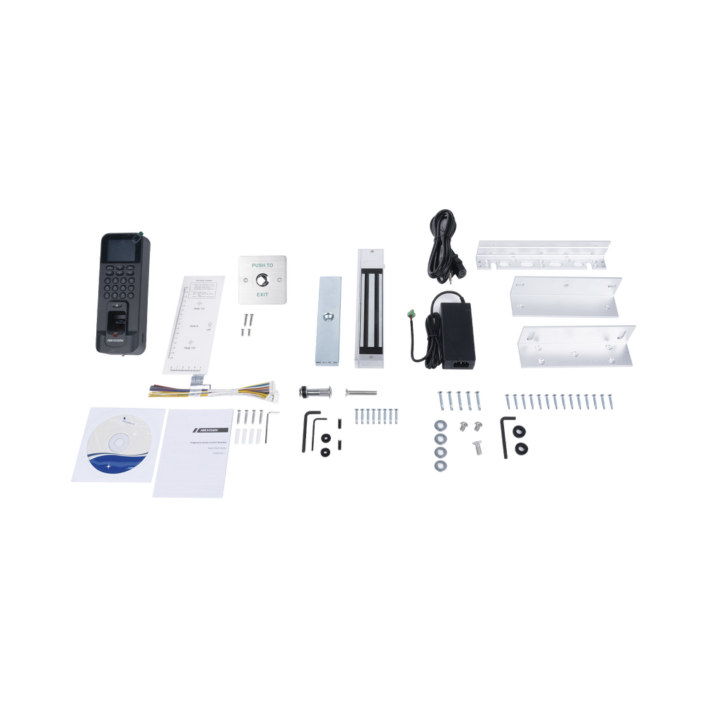 All-inclusive Access Control Kit with Fingerprint and Card Reader compatible with HIKConnect App / Includes Electromagnet Exit Button and Z and L Mounts for Magnet (DS-K1T804)