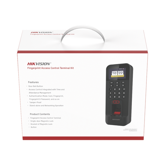 Kit de Control de Acceso TODO INCLUIDO con Lector de Huellas y Tarjetas compatible con App HIKConnect / Incluye Electroimán  Botón de Salida y Montajes Z y L para imán (DS-K1T804)