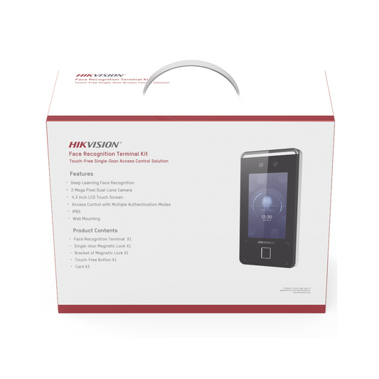 Kit de Control de Acceso TODO INCLUIDO con Lector de Rostros, QRs , Tarjetas y Huellas compatible con App HIKConnect / Videoportero / Incluye Electroimán  Botón de Salida y Montajes Z y L para imán 