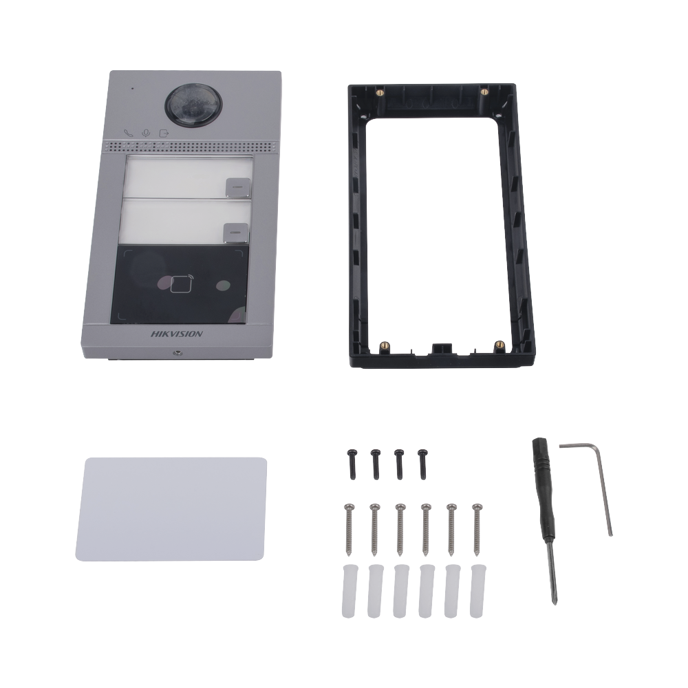 Videoportero IP (IP65 + IK08) con Llamada y apertura desde APP Hik-Connect / Soporta 2 Departamentos / PoE Estandar  / Interfaz WEB para configuración / 2 puertas