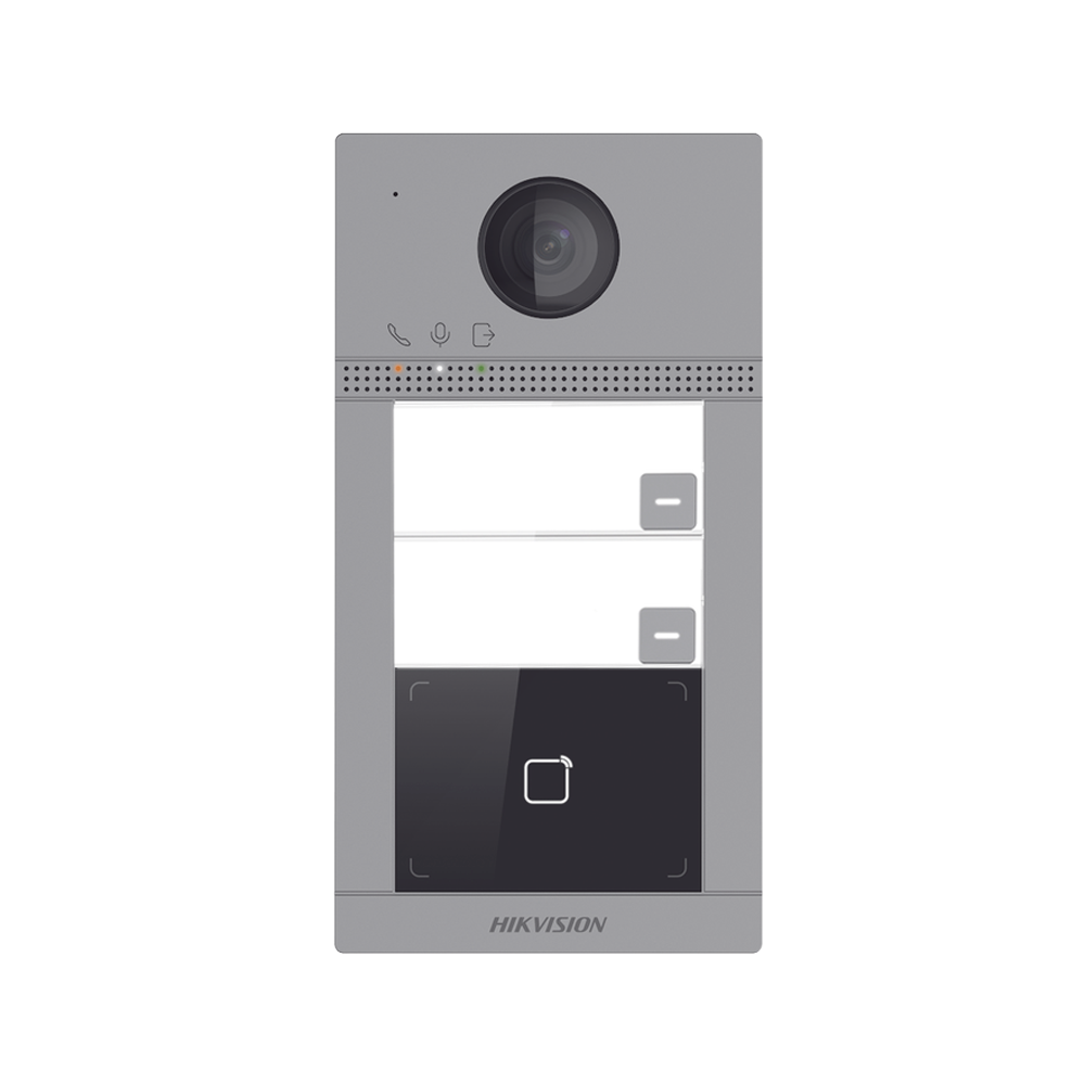 Videoportero IP (IP65 + IK08) con Llamada y apertura desde APP Hik-Connect / Soporta 2 Departamentos / PoE Estandar  / Interfaz WEB para configuración / 2 puertas
