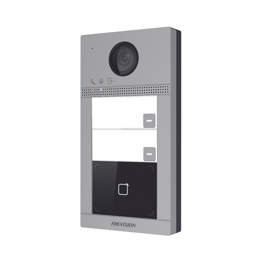 Videoportero IP (IP65 + IK08) con Llamada y apertura desde APP Hik-Connect / Soporta 2 Departamentos / PoE Estandar  / Interfaz WEB para configuración / 2 puertas