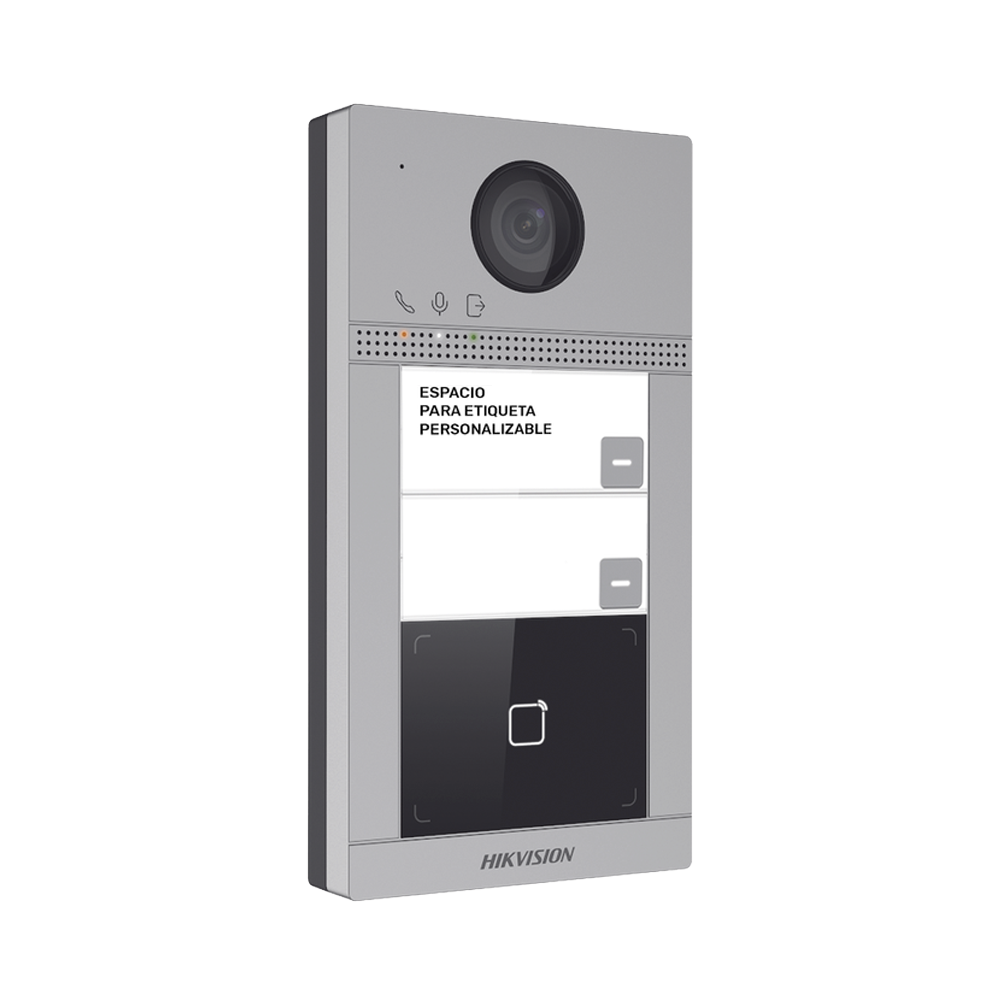 Videoportero IP (IP65 + IK08) con Llamada y apertura desde APP Hik-Connect / Soporta 2 Departamentos / PoE Estandar  / Interfaz WEB para configuración / 2 puertas