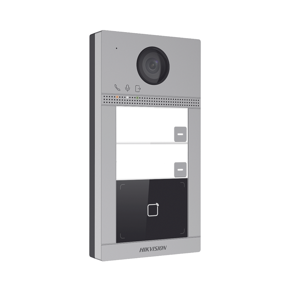 Videoportero IP (IP65 + IK08) con Llamada y apertura desde APP Hik-Connect / Soporta 2 Departamentos / PoE Estandar  / Interfaz WEB para configuración / 2 puertas
