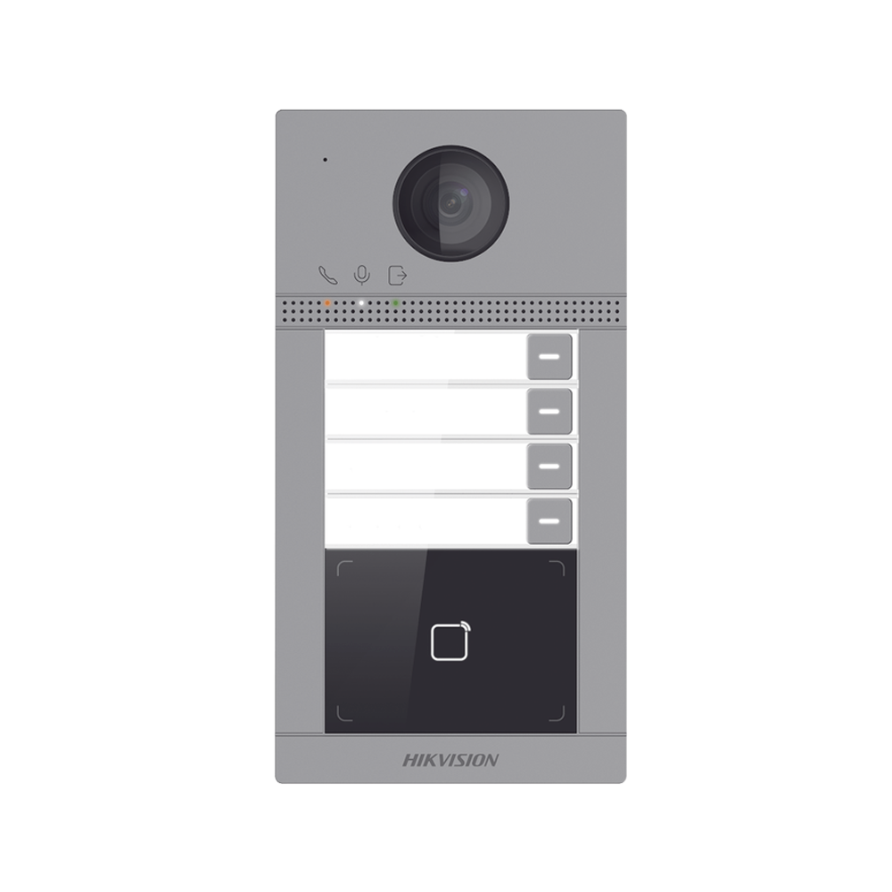 Videoportero IP (IP65 + IK08) con Llamada y apertura desde APP Hik-Connect / Soporta 4 Departamentos / PoE Estandar / Interfaz WEB para configuración / 2 puertas