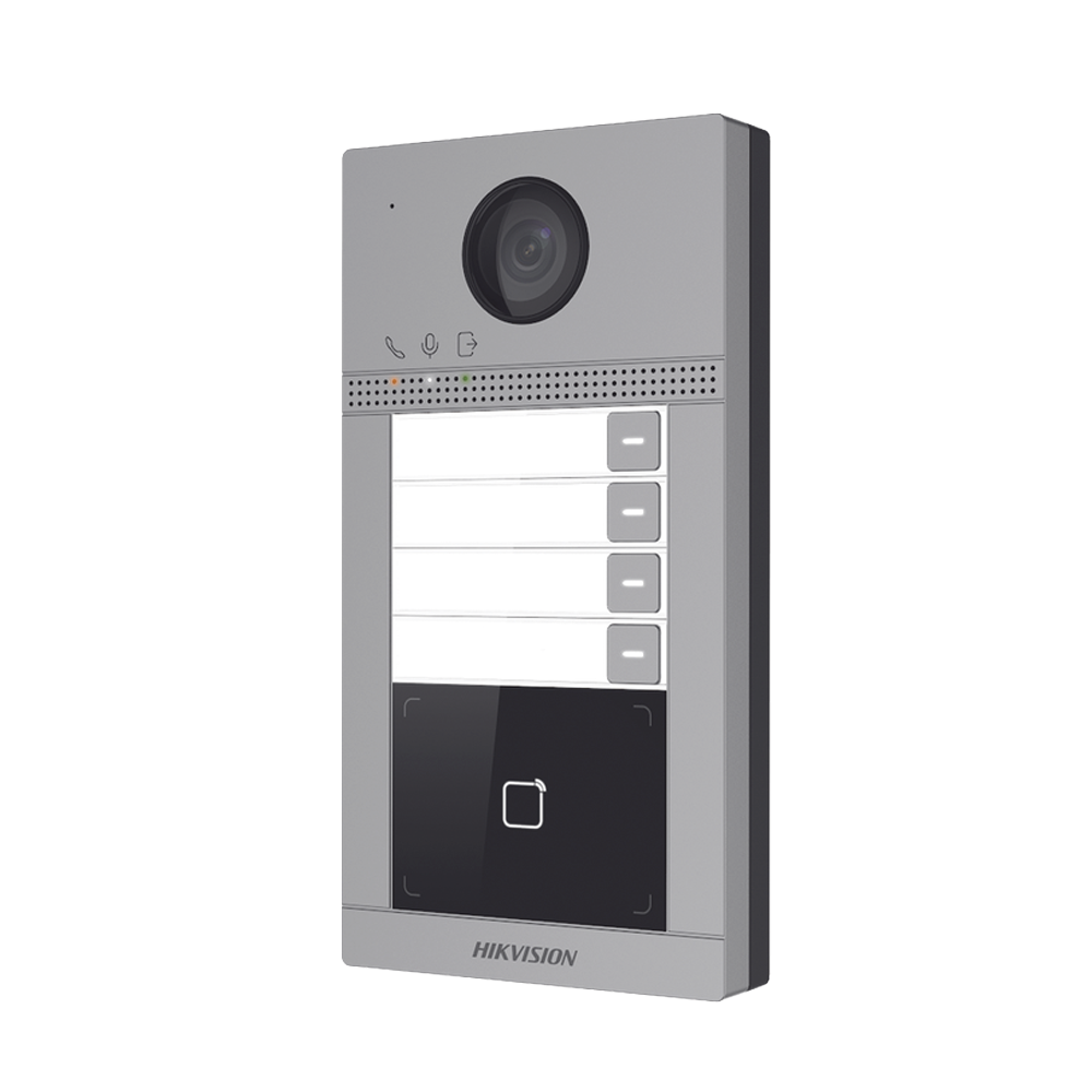 Videoportero IP (IP65 + IK08) con Llamada y apertura desde APP Hik-Connect / Soporta 4 Departamentos / PoE Estandar / Interfaz WEB para configuración / 2 puertas