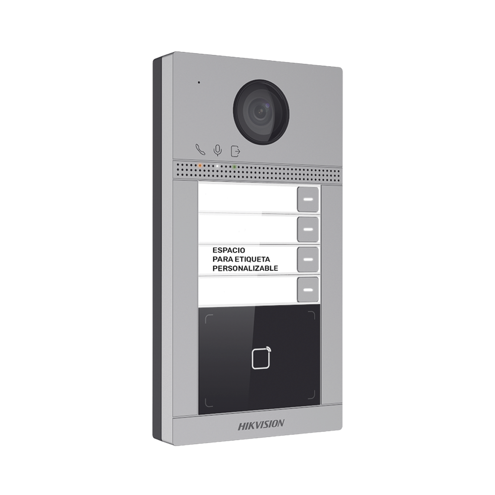 Videoportero IP (IP65 + IK08) con Llamada y apertura desde APP Hik-Connect / Soporta 4 Departamentos / PoE Estandar / Interfaz WEB para configuración / 2 puertas