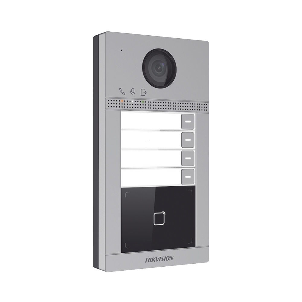 Videoportero IP (IP65 + IK08) con Llamada y apertura desde APP Hik-Connect / Soporta 4 Departamentos / PoE Estandar / Interfaz WEB para configuración / 2 puertas