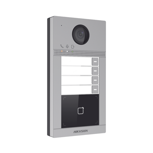 Videoportero IP (IP65 + IK08) con Llamada y apertura desde APP Hik-Connect / Soporta 4 Departamentos / PoE Estandar / Interfaz WEB para configuración / 2 puertas