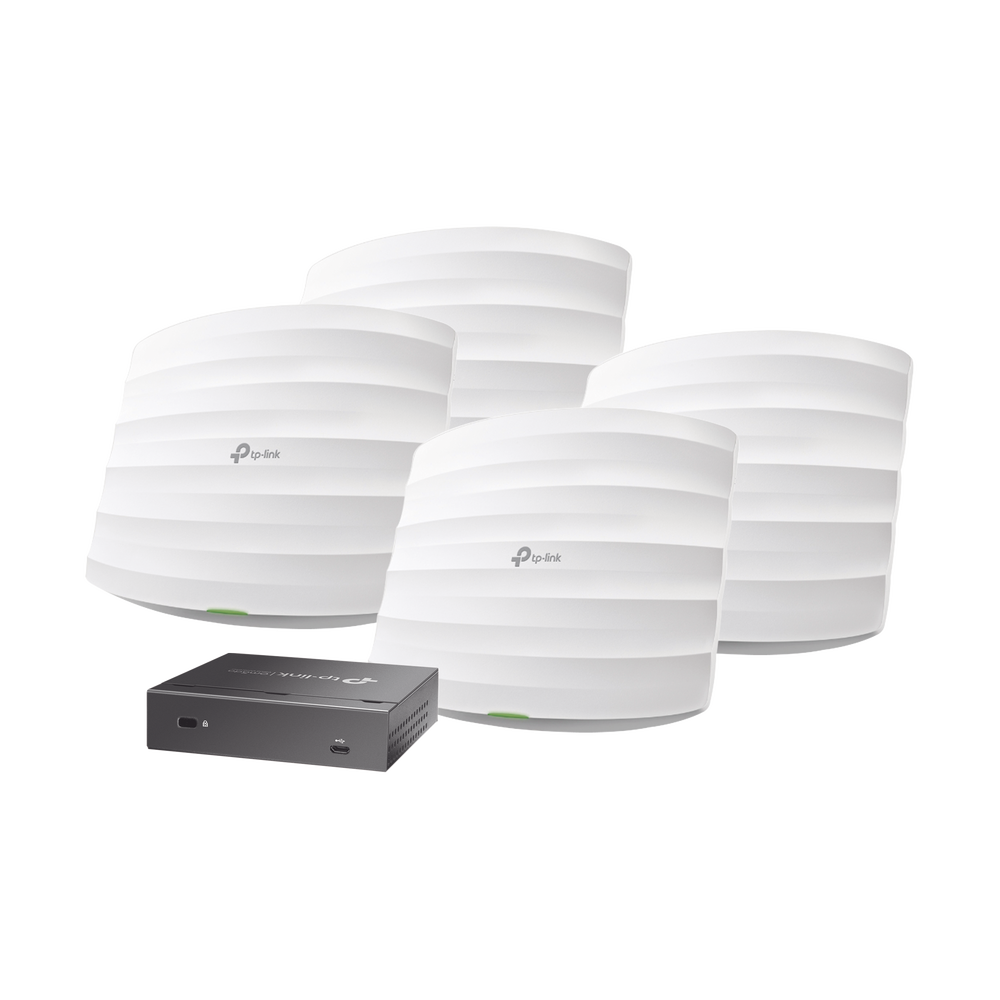 Kit de 4 Puntos de Acceso Omada, 802.11 b/g/n (2.4 GHz), hasta 300 Mbps, alimentación PoE 802.3af, para montaje en techo, soporta hasta 50 clientes + Controladora OC200