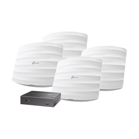 Kit de 4 Puntos de Acceso Omada, 802.11 b/g/n (2.4 GHz), hasta 300 Mbps, alimentación PoE 802.3af, para montaje en techo, soporta hasta 50 clientes + Controladora OC200