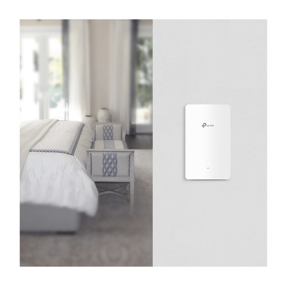 Omada Dual Band 802.11ac Access Point, 802.3af/at PoE, MU-MIMO, 2x2 MIMO wall plate design with three additional ports, supports up to 100 clients.