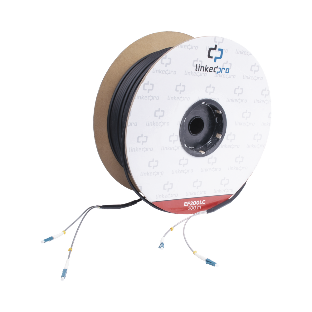 Carrete de Fibra Óptica Monomodo con conectores LC-LC Duplex, Reforzada con Kevlar, de 200 metros