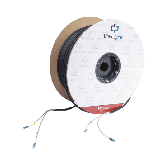 Carrete de Fibra Óptica Monomodo con conectores LC-LC Duplex, Reforzada con Kevlar, de 200 metros