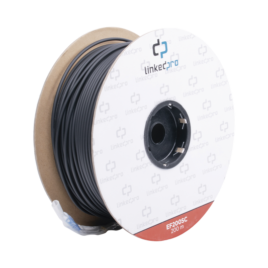 Carrete de Fibra Óptica Monomodo con conectores SC-SC Duplex, Reforzada con Kevlar, de 200 metros
