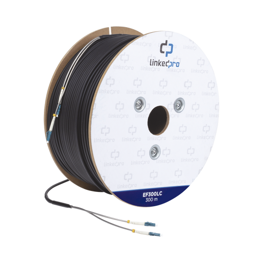 Carrete de Fibra Óptica Monomodo con conectores LC-LC Duplex, Reforzada con Kevlar, de 300 metros