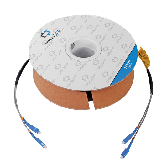 Carrete de Fibra Óptica Monomodo con conectores SC-SC Duplex, Reforzada con Kevlar, de 50 metros