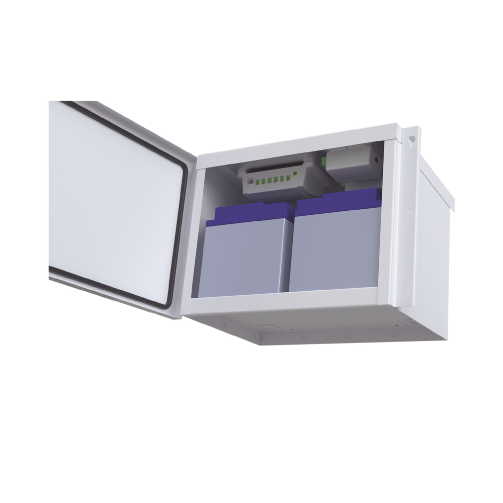 Gabinete para Baterías (Hasta dos PL4012). Fabricado en Lámina Galvanizada. Opción para Montar en Poste (No Incluida)
