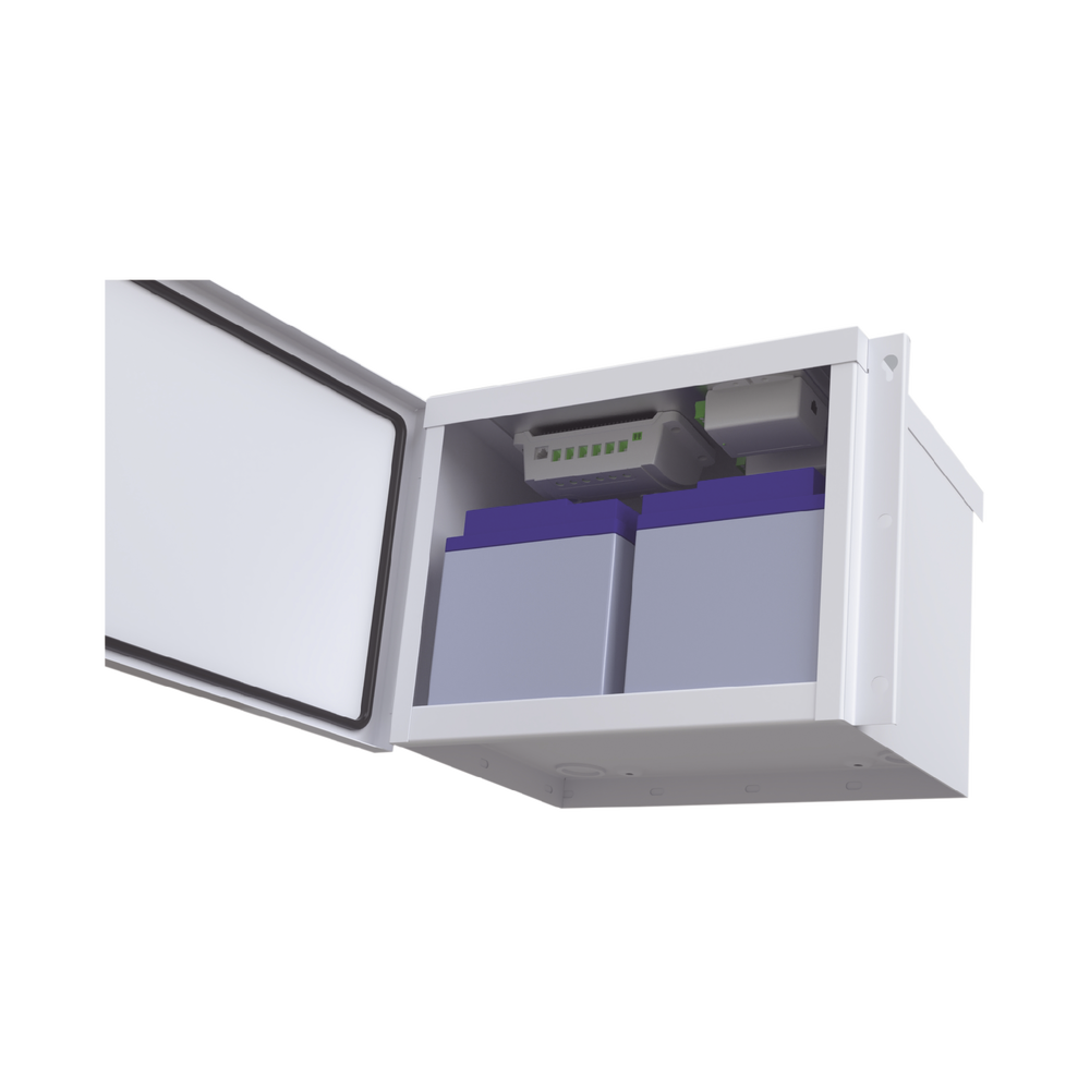 Gabinete para Baterías (Hasta dos PL4012). Fabricado en Lámina Galvanizada. Opción para Montar en Poste (No Incluida)