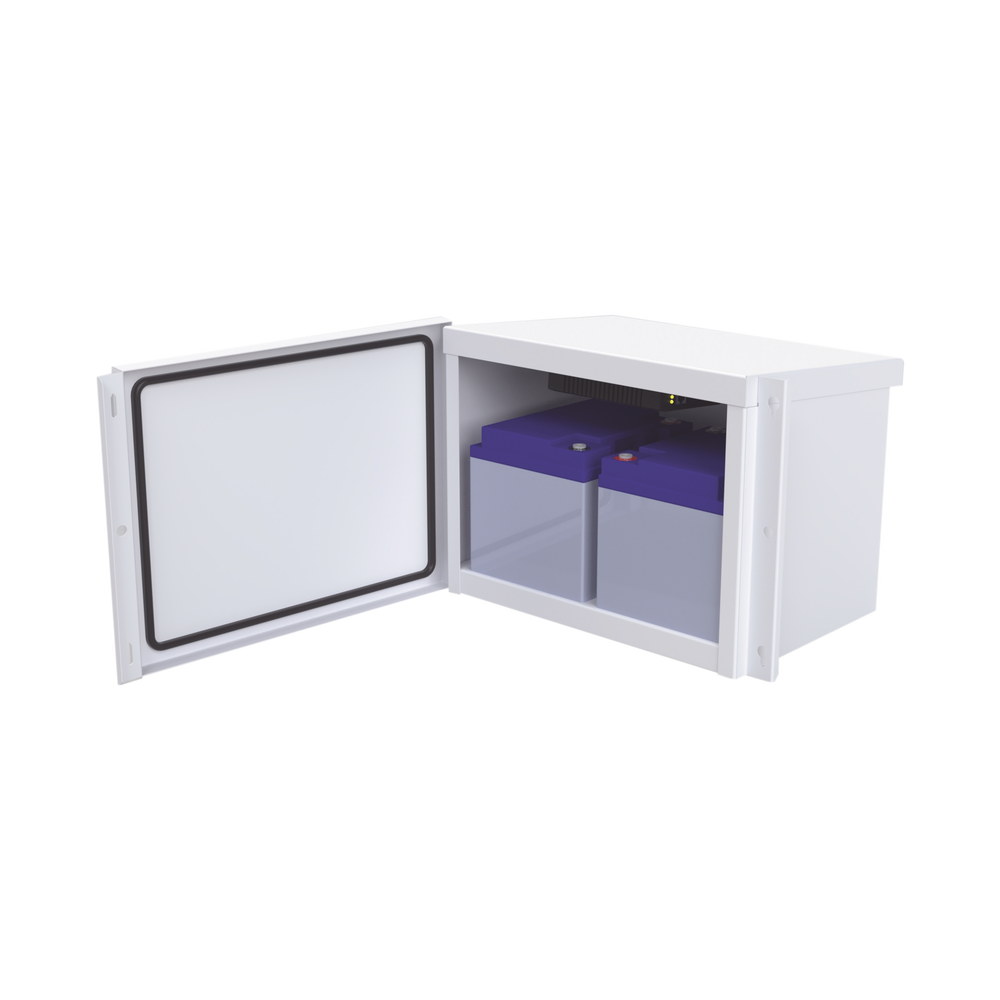 Gabinete para Baterías (Hasta dos PL4012). Fabricado en Lámina Galvanizada. Opción para Montar en Poste (No Incluida)