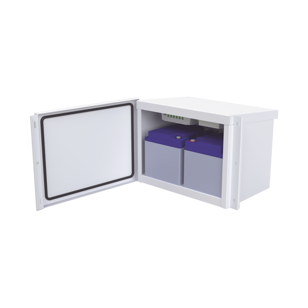 Gabinete para Baterías (Hasta dos PL4012). Fabricado en Lámina Galvanizada. Opción para Montar en Poste (No Incluida)