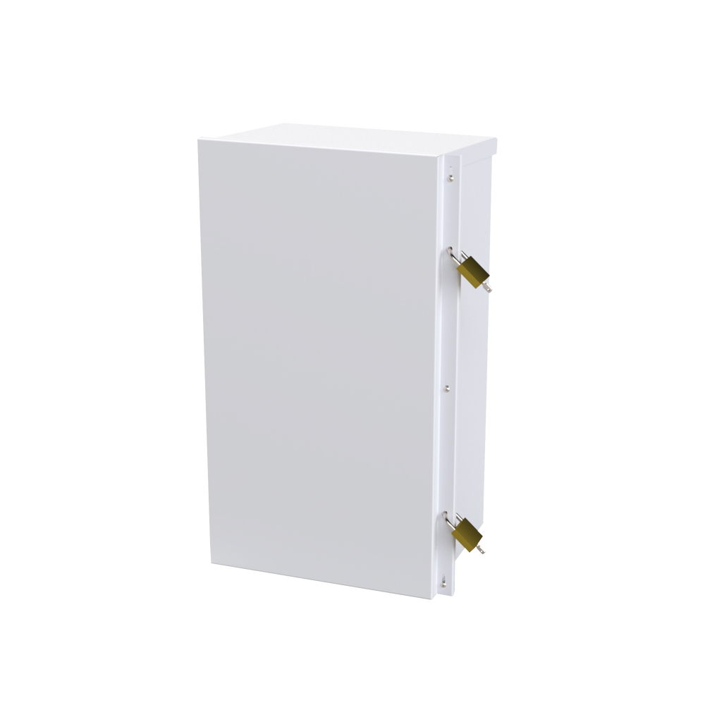 Gabinete Acero Galv. para 2 Baterías PL110D12  (400 x 730 x 300mm). Puerta Sin Ventilación. Acc. para piso o poste No incluidos.