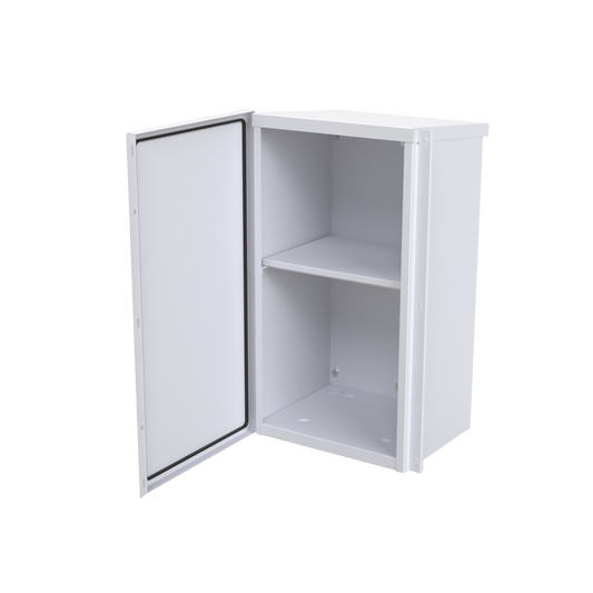 Gabinete Acero Galv. para 2 Baterías PL110D12  (400 x 730 x 300mm). Puerta Sin Ventilación. Acc. para piso o poste No incluidos.