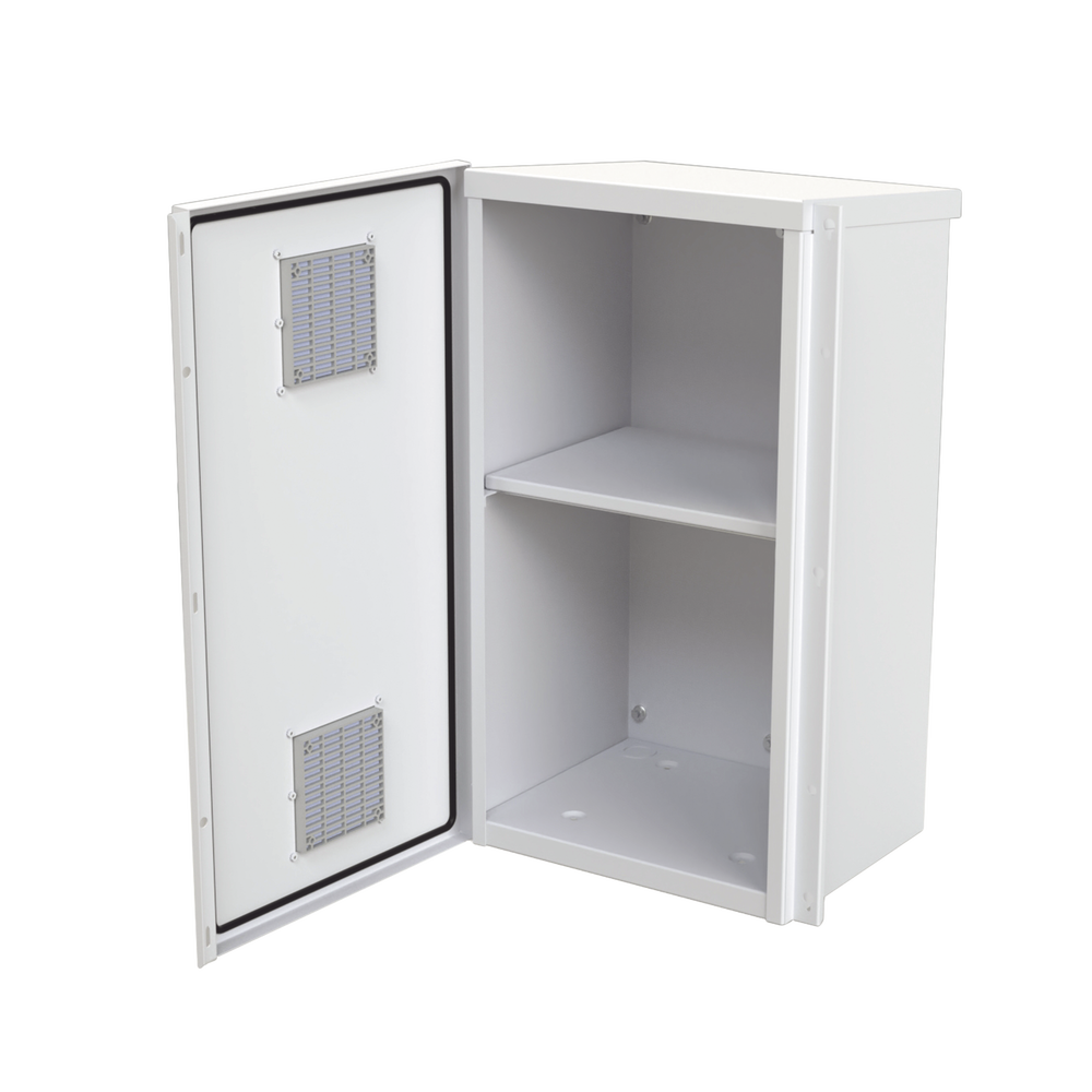 Gabinete Acero Galv. para 2 Baterías PL110D12  (400 x 730 x 300mm). Puerta Ventilada. Acc. para piso o poste No incluidos.