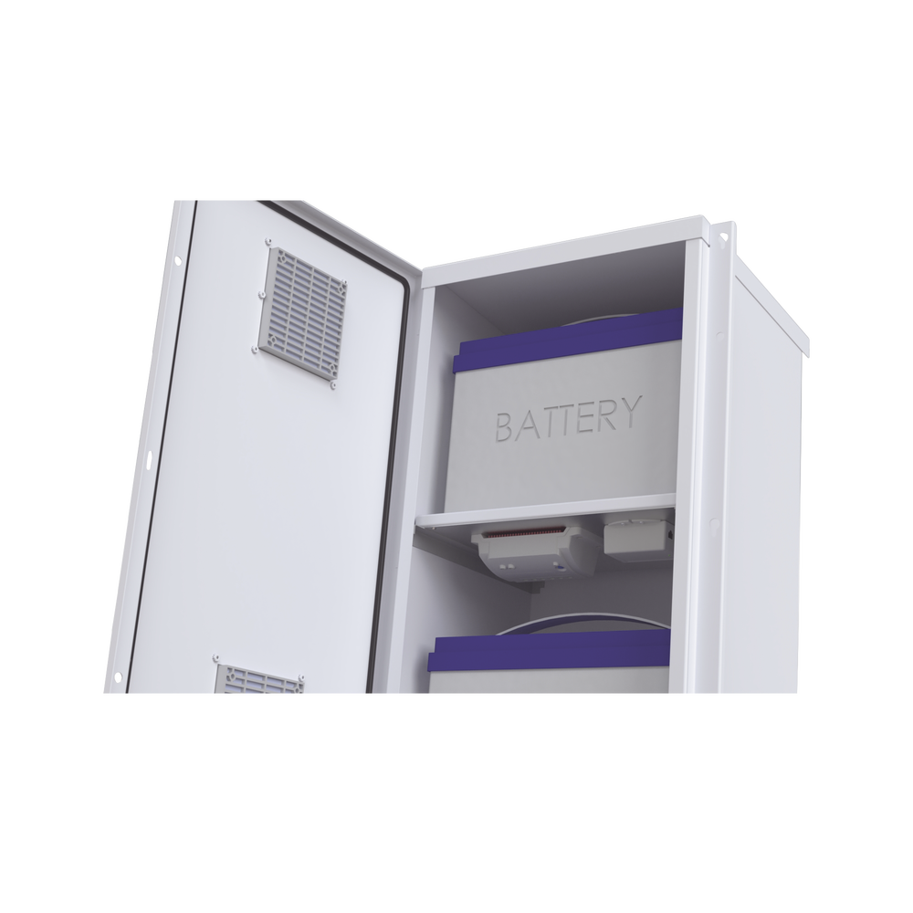 Gabinete Acero Galv. para 2 Baterías PL110D12  (400 x 730 x 300mm). Puerta Ventilada. Acc. para piso o poste No incluidos.