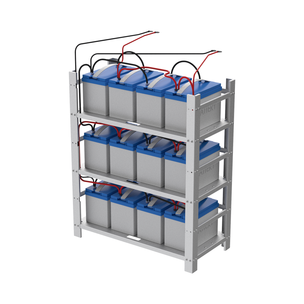 Estante Galvanizado de 3 Niveles para Instalación de 12 Baterías de Ciclo Profundo Similares a la PL-110-D12.