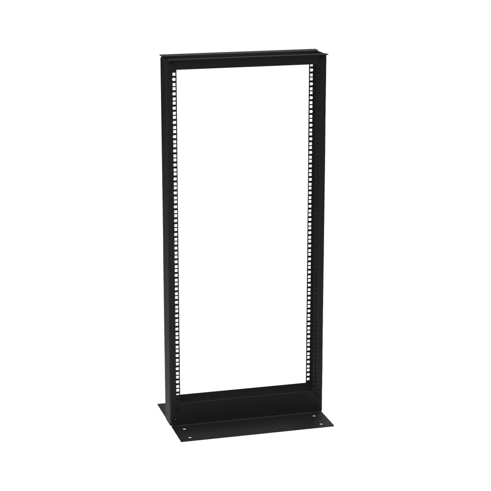 Rack de 2 Postes (Doble Perforación), Estándar 19", 24 Unidades, Fabricado en Acero, Base "L" para Anclar a Piso.