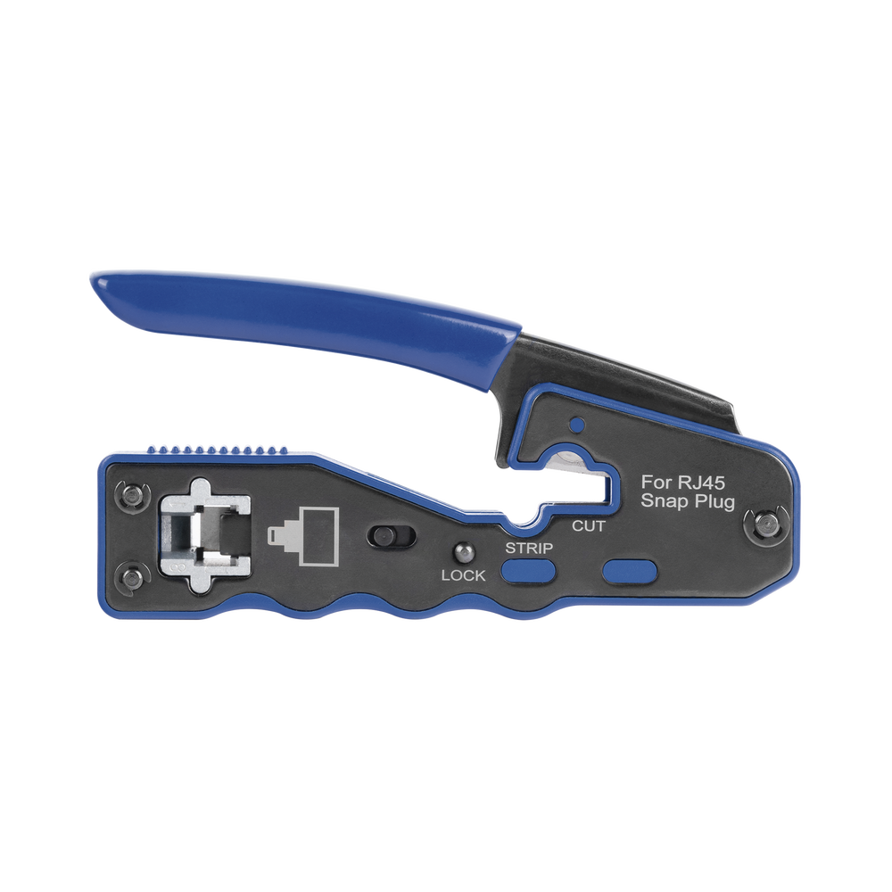 RJ45 Pass Through Plug Cutting and Termination Tool, Carbon Steel and Ergonomic ABS + TPR Handle.