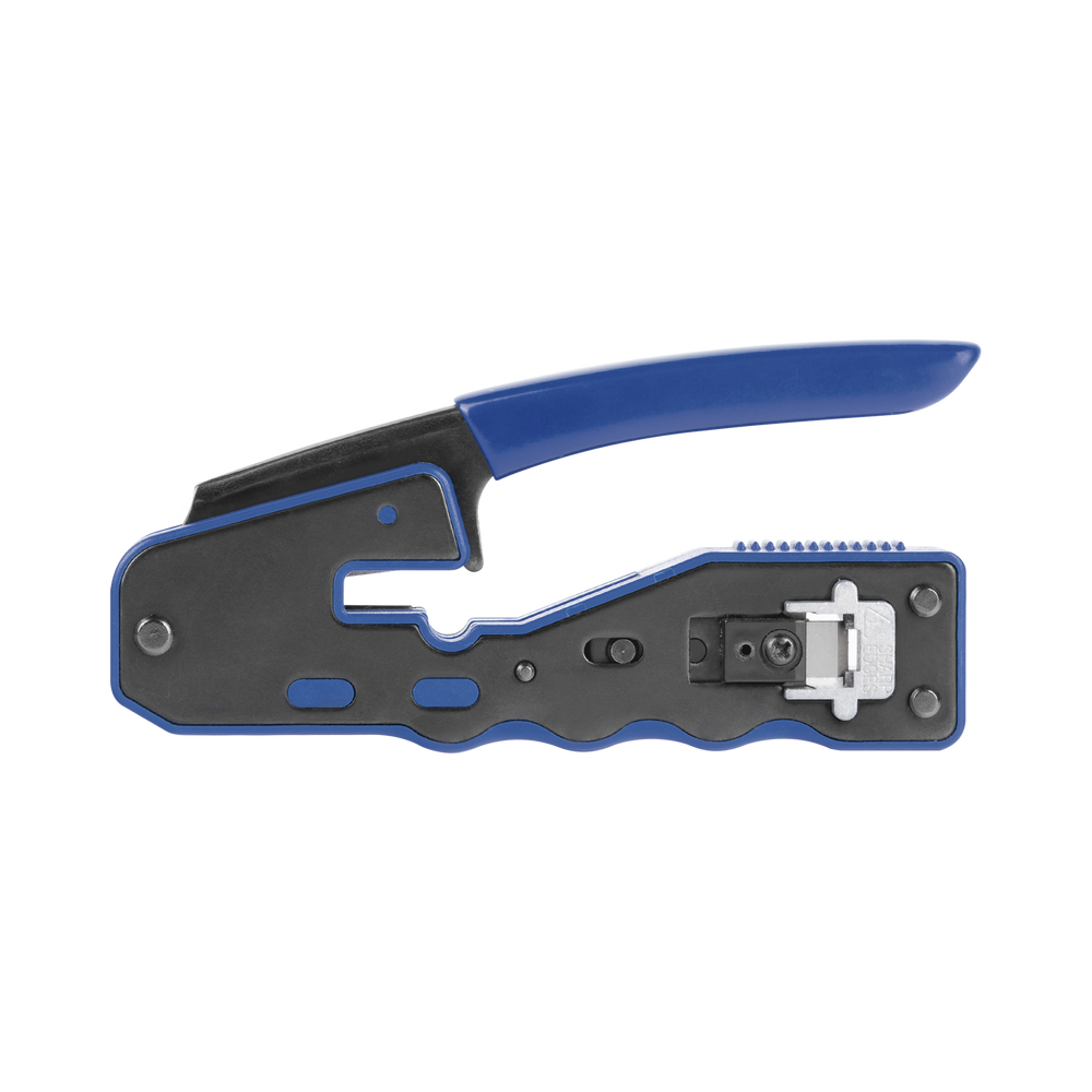 RJ45 Pass Through Plug Cutting and Termination Tool, Carbon Steel and Ergonomic ABS + TPR Handle.