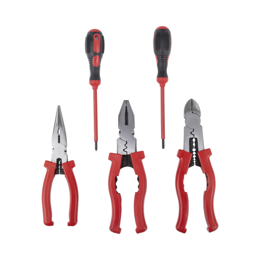 Kit de 3 Pinzas Aisladas + 2 Desarmadores Aislados de Electricista. Ideal para trabajos en Tableros Eléctricos.