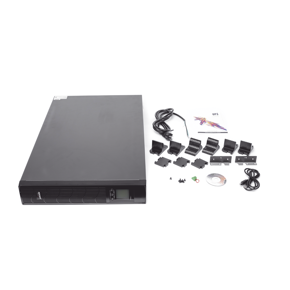 2000VA/1800W UPS / On-Line Double-Conversion Topology / 120 Vac Input and Output / NEMA 5-20P Input Plug / Configurable LCD Display / Rack/Tower Format