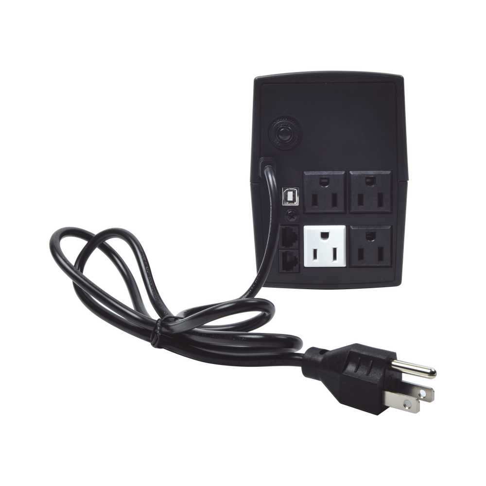 600VA/360W UPS / Line Interactive Topology / 220 Vac Input and Output / 80-150 Vac AVR Voltage Regulator / NEMA 5-15P Plug / 4 NEMA 5-15R Outlets