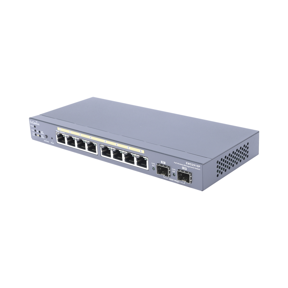 Switch PoE Administrable de 8 puertos Gigabit 802.3 af de 61.6 W y Controlador para 50 Puntos de Acceso Serie Neutron/EnTurbo.