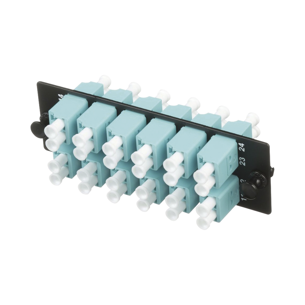 Placa Acopladora de Fibra Optica FAP, Con 12 Conectores LC Duplex (24 Fibras), Para Fibra Multimodo OM3/OM4, Color Aqua