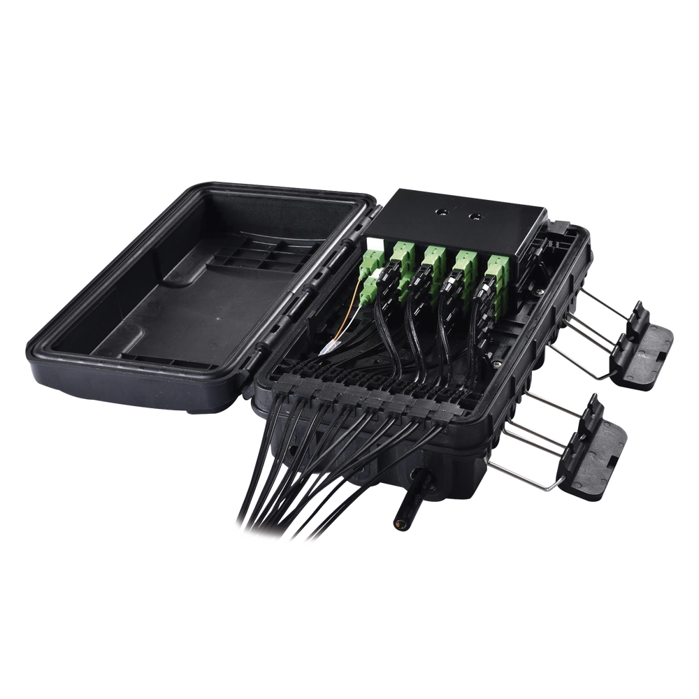 Fiber Optic Distribution Box for 24 Splices, with 16 SC/APC Simplex Couplers, IP65 Exterior, Black